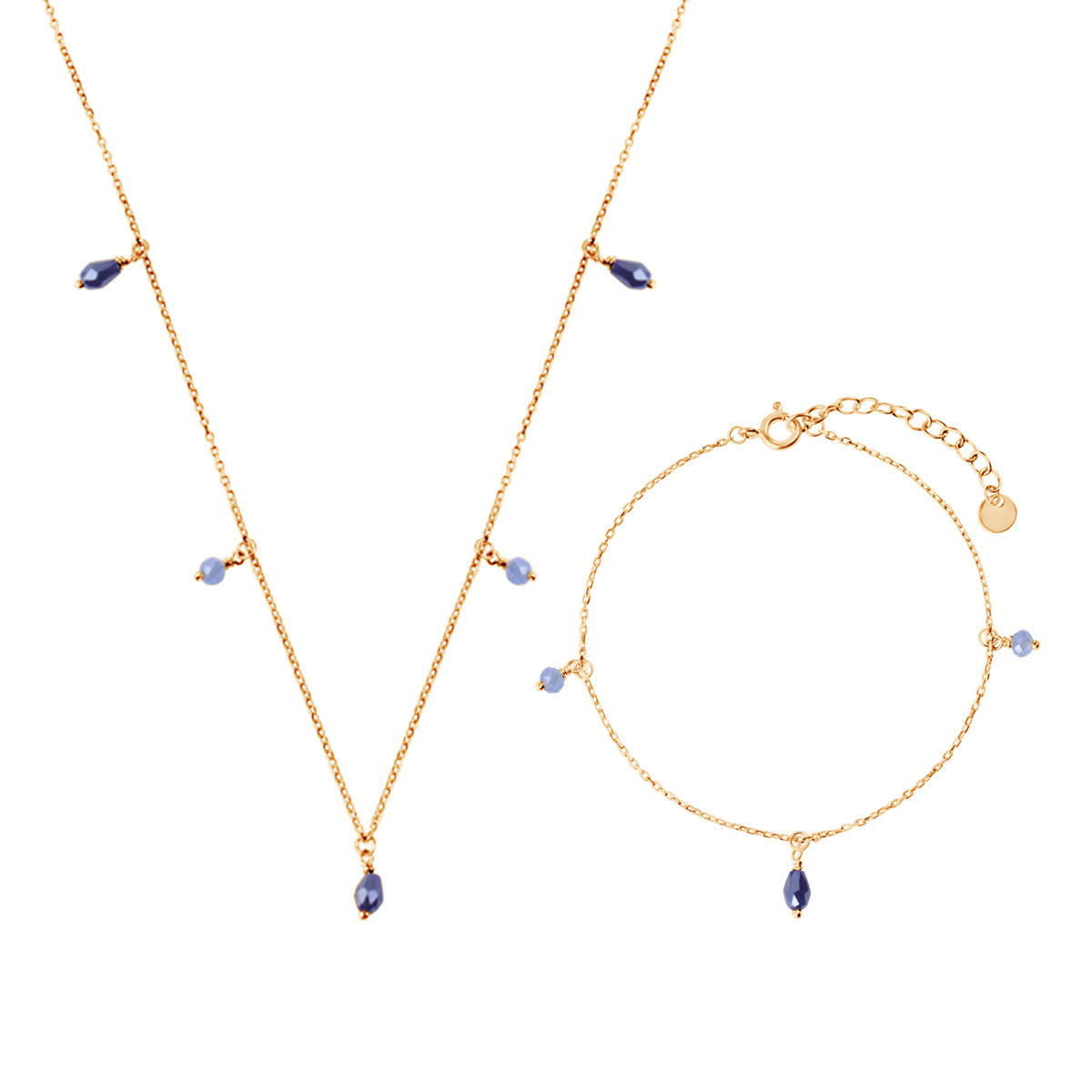 Komplet biżuterii srebrnej pozłacany z niebieskimi koralikami