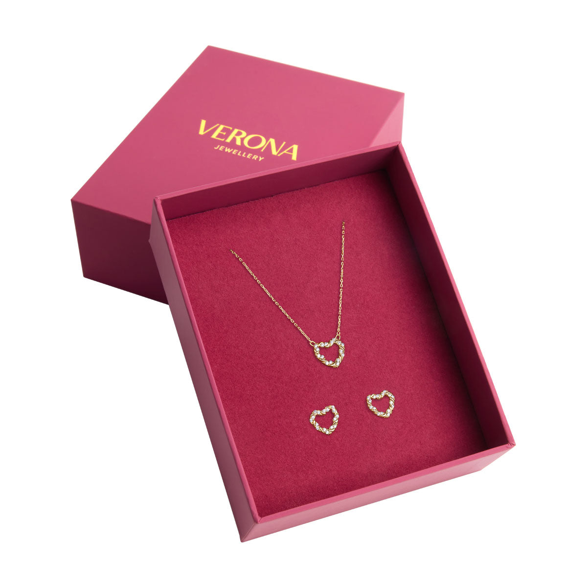 Komplet biżuterii złotej z cyrkoniami - serca