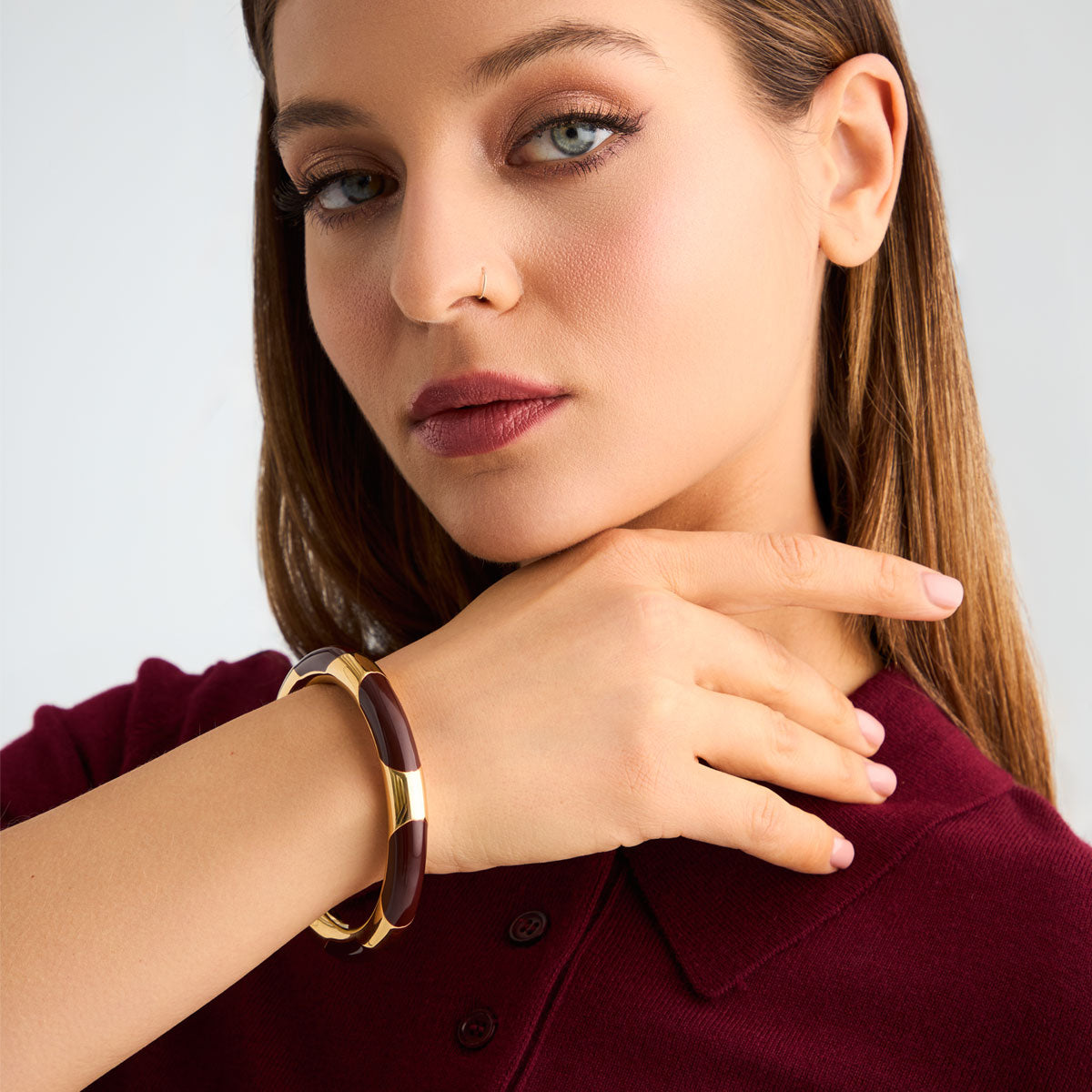 Bransoletka stalowa sztywna z bordową emalią - Moderno