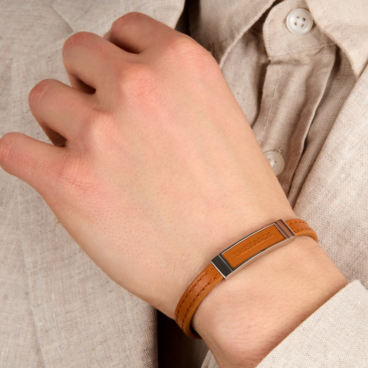 Bransoletka stalowa z pomarańczową skórą - Trussardi T-Leather
