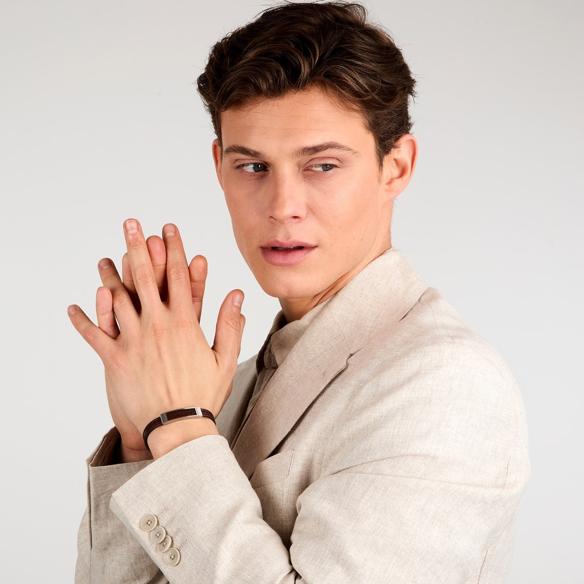 Bransoletka stalowa z brązową skórą - Trussardi T - Leather