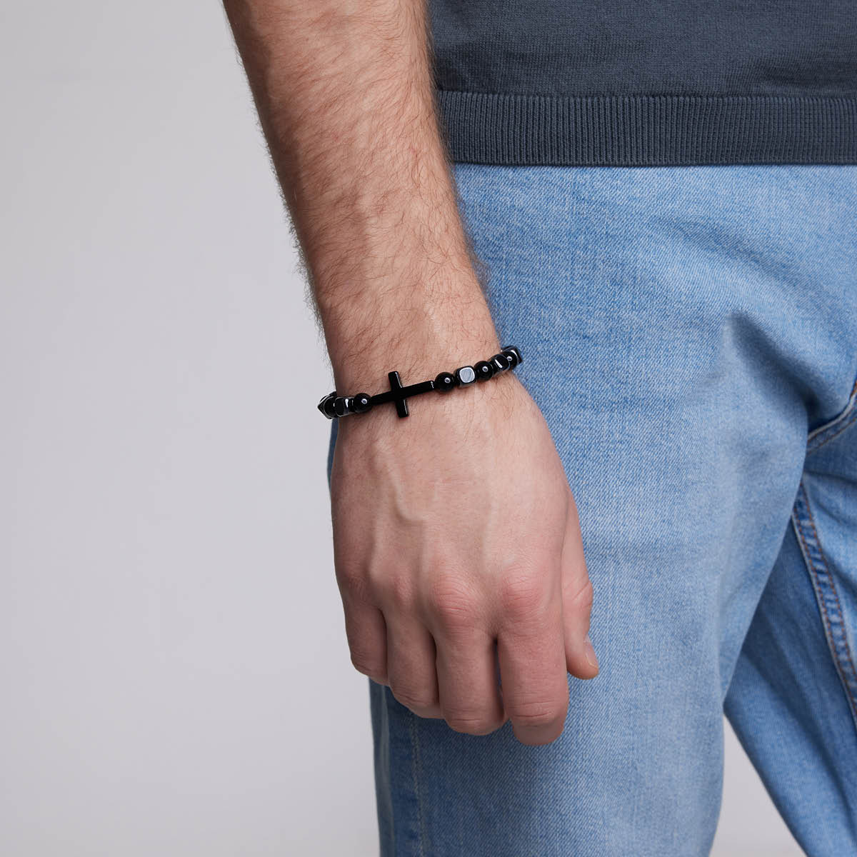 Bransoletka z onyksu i hematytu - krzyż - Grafito