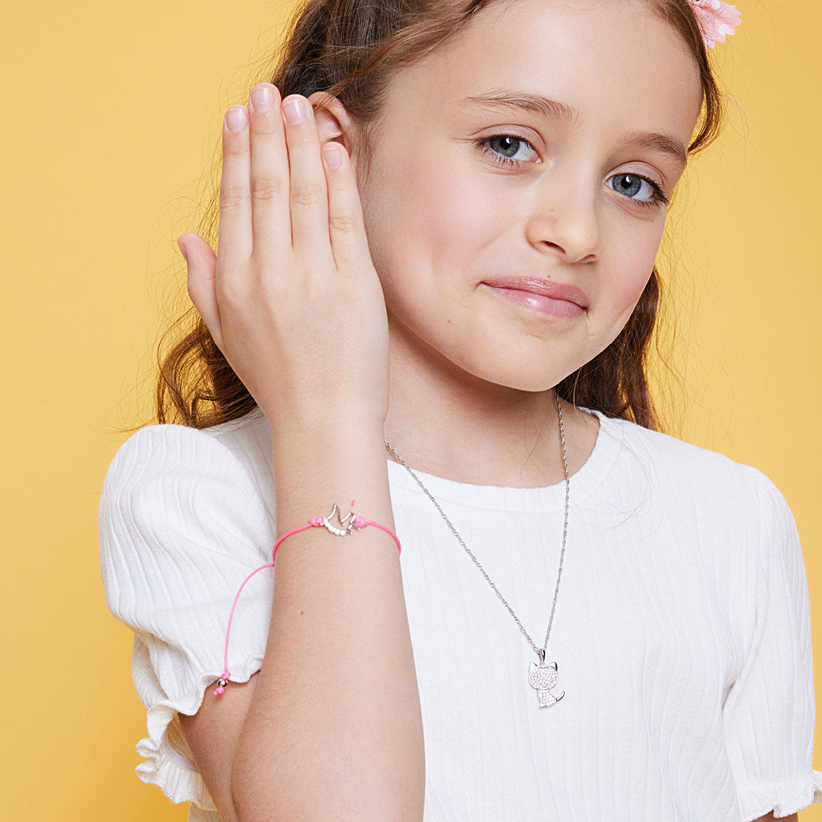 Bransoletka srebrna z cyrkoniami na sznurku - jednorożec - Bambini