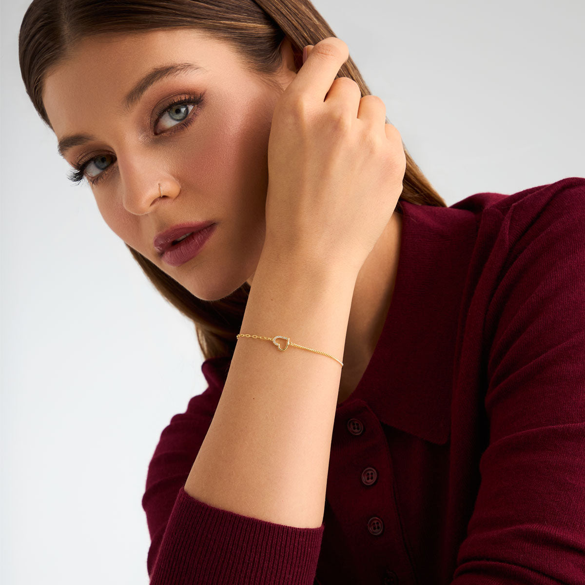 Bransoletka srebrna pozłacana z cyrkoniami - serce