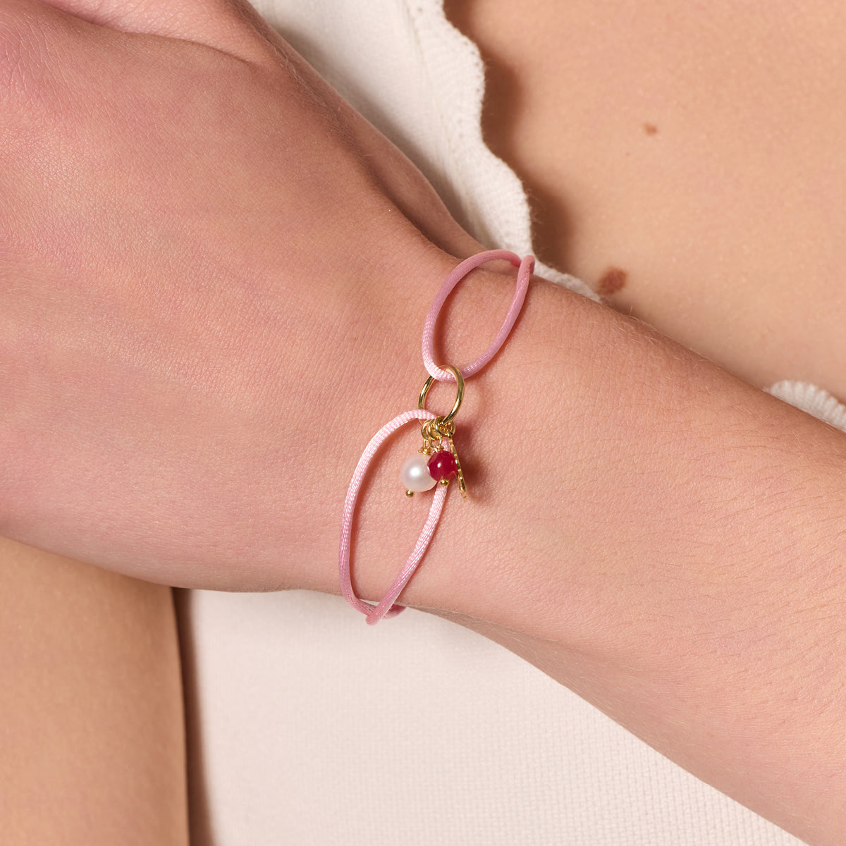 Bransoletka na sznurku z perłą i jadeitem - kwiat - Natura