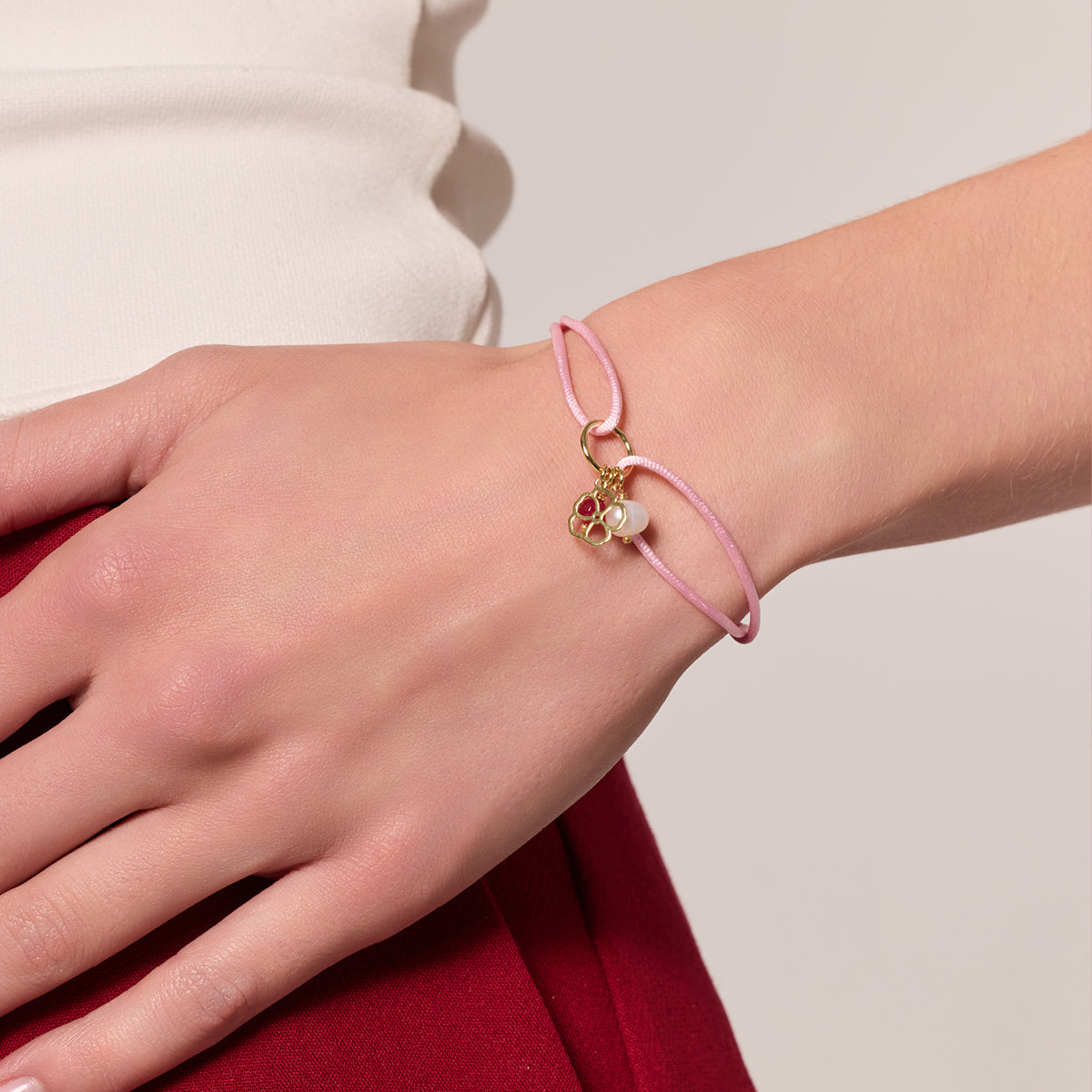 Bransoletka na sznurku z perłą i jadeitem - kwiat - Natura