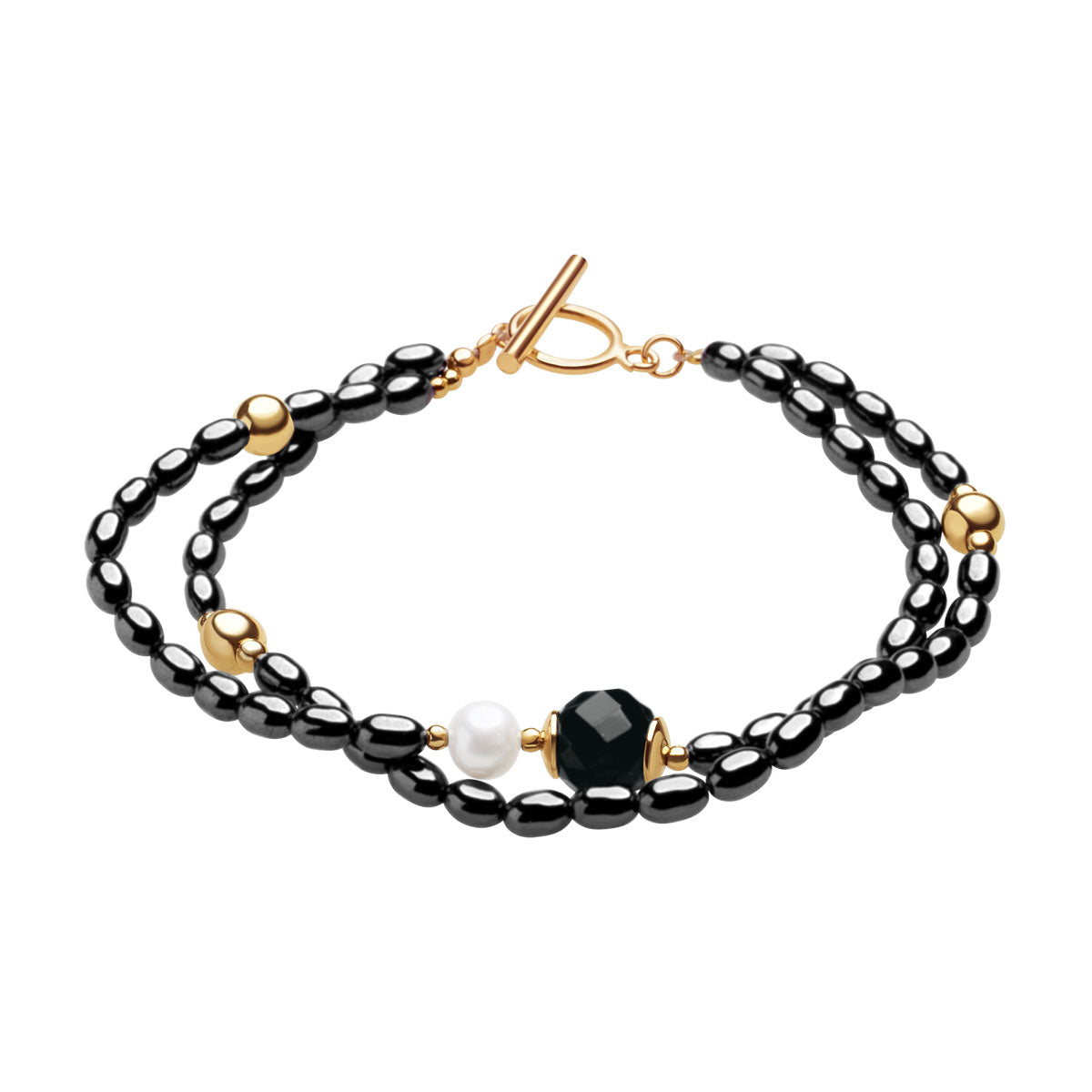 Bransoletka srebrna pozłacana z hematytem, onyksem i perłą - Grafito
