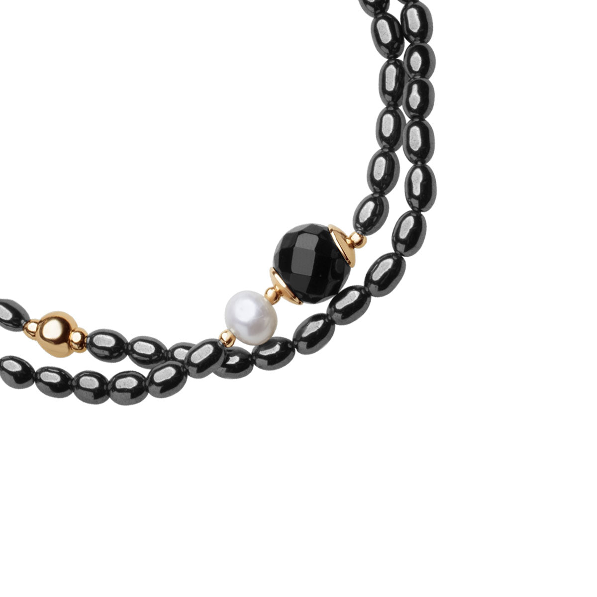 Bransoletka srebrna pozłacana z hematytem, onyksem i perłą - Grafito