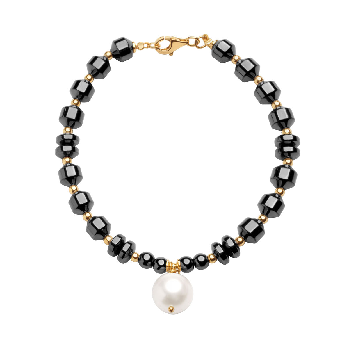 Bransoletka srebrna pozłacana z hematytem i perłą - Grafito
