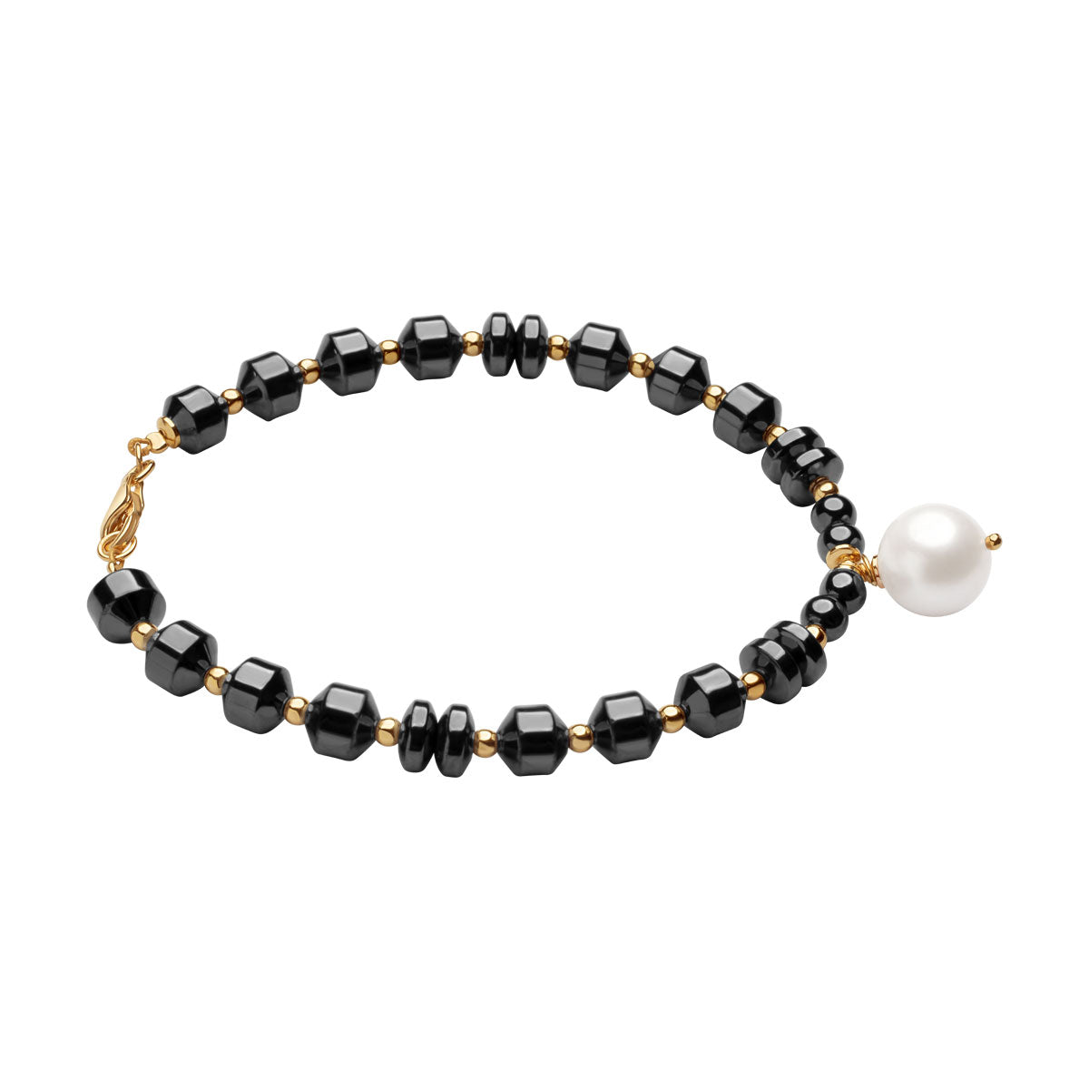 Bransoletka srebrna pozłacana z hematytem i perłą - Grafito