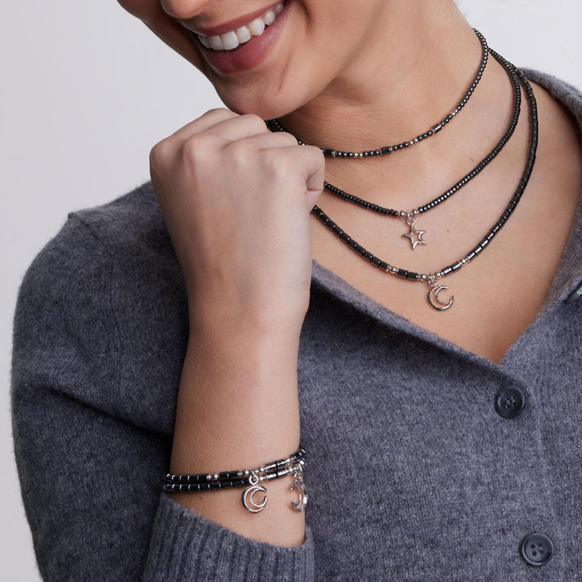 Bransoletka srebrna z hematytem - księżyc - Grafito