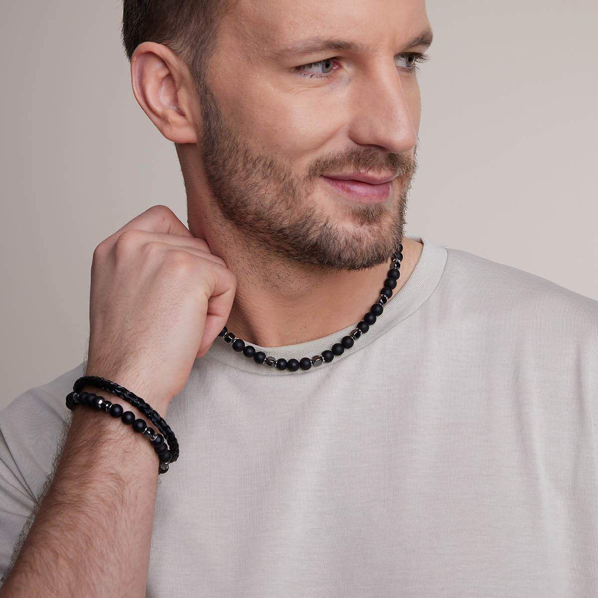 Bransoletka z onyksu i hematytu - Grafito