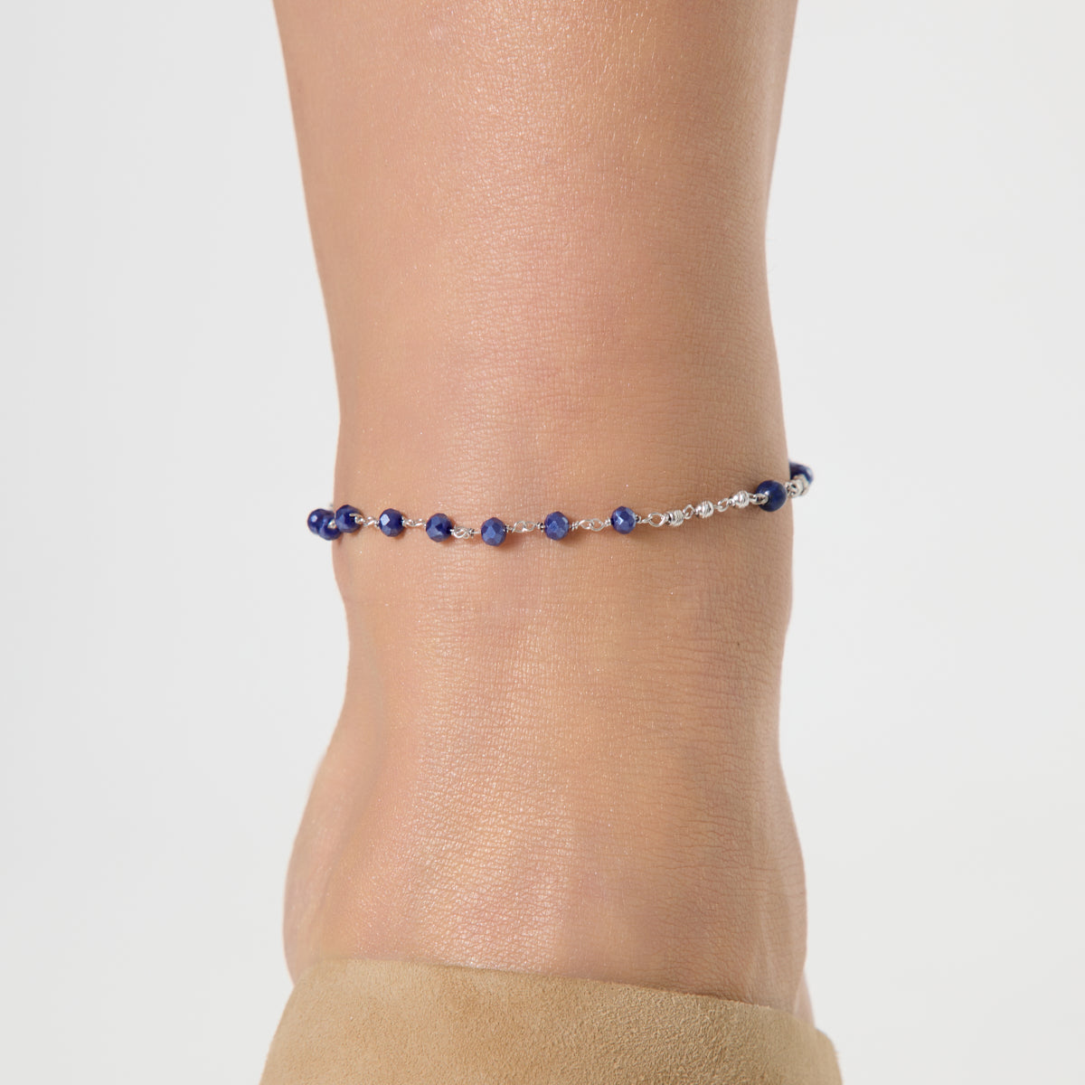 Bransoletka na nogę srebrna z lapis lazuli i szkłem