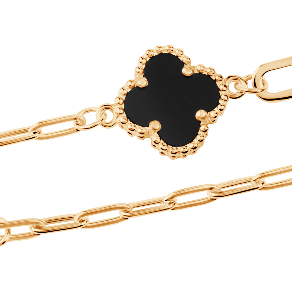 Bransoletka srebrna pozłacana z czarnym onyksem - koniczyna