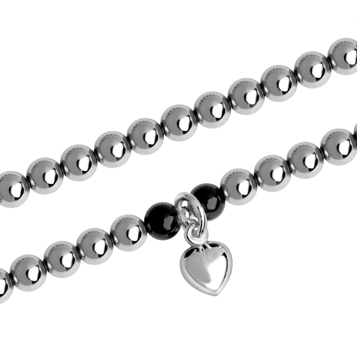Bransoletka srebrna z hematytem i onyksem - kulki - serce