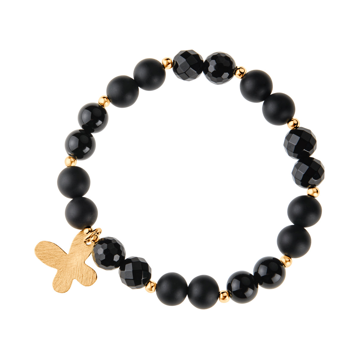 Bransoletka srebrna pozłacana z czarnym onyksem - kulki - motyl