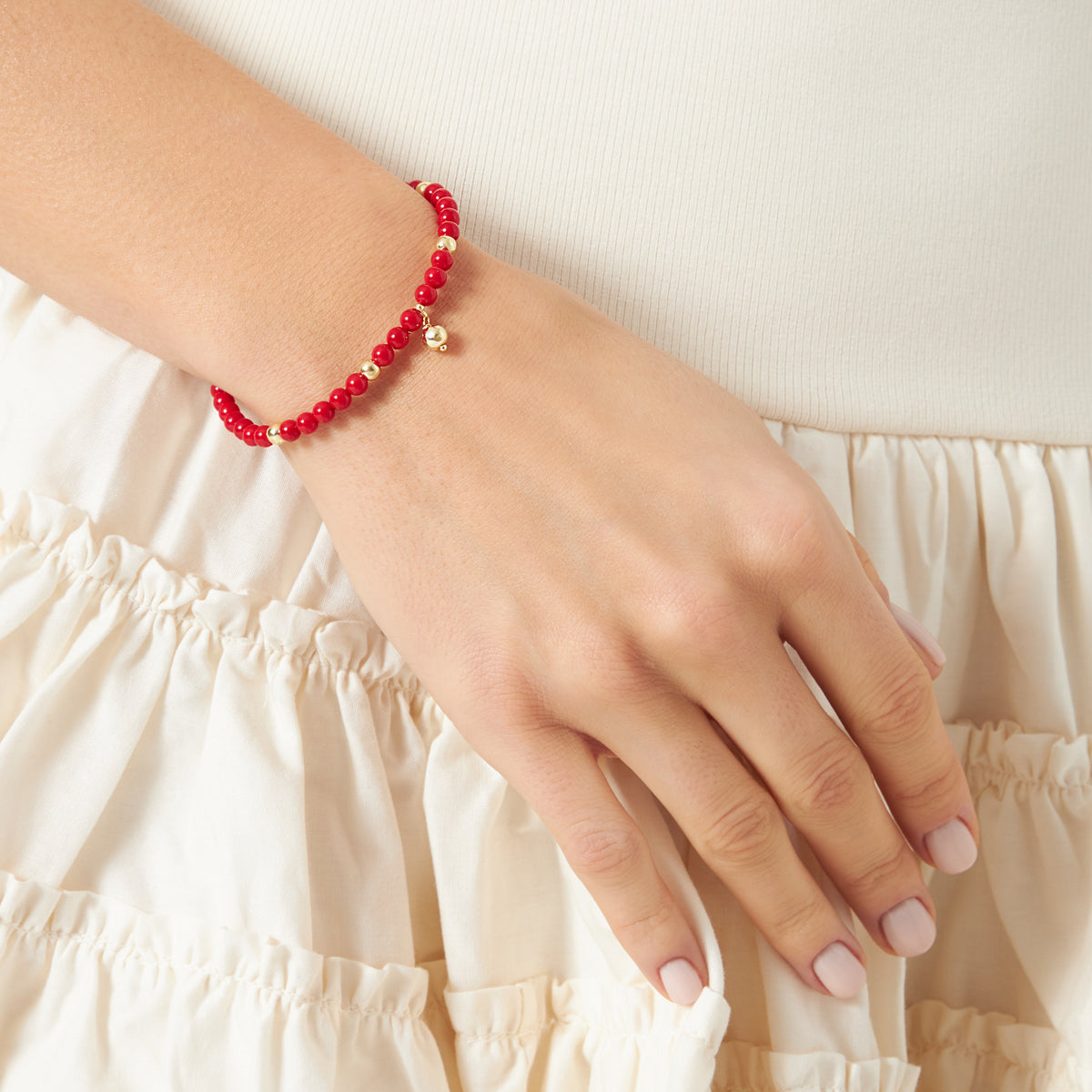 Bransoletka srebrna pozłacana z czerwonymi muszlami - kulki