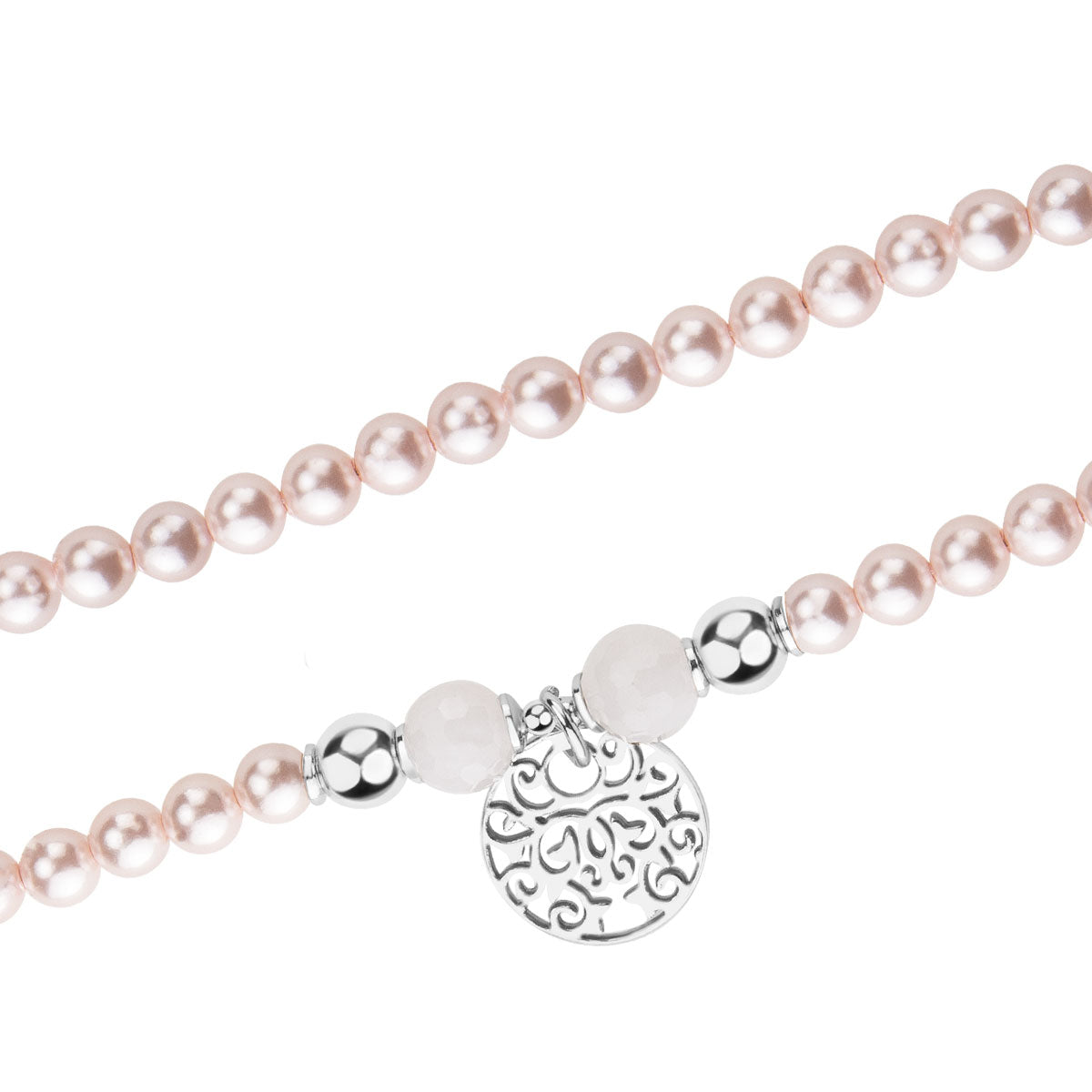 Bransoletka srebrna z różowymi muszlami i kwarcem - kulki