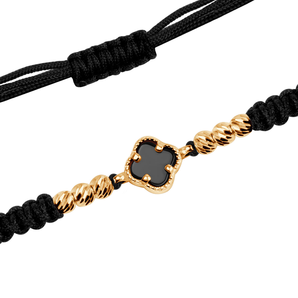 Bransoletka złota na czarnym sznurku z onyksem - koniczyna