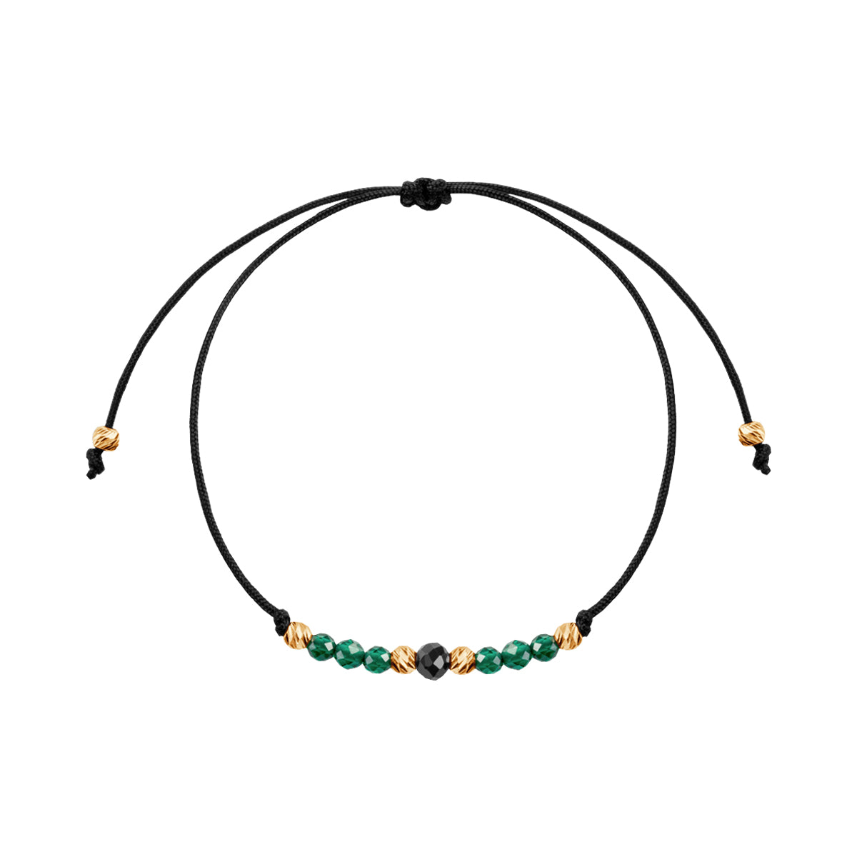 Bransoletka złota na czarnym sznurku z kolorowymi cyrkoniami