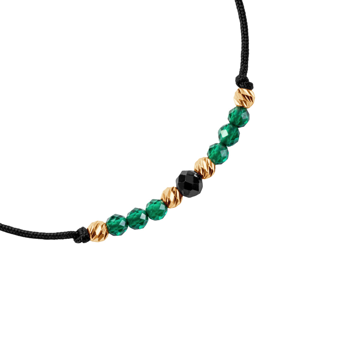 Bransoletka złota na czarnym sznurku z kolorowymi cyrkoniami