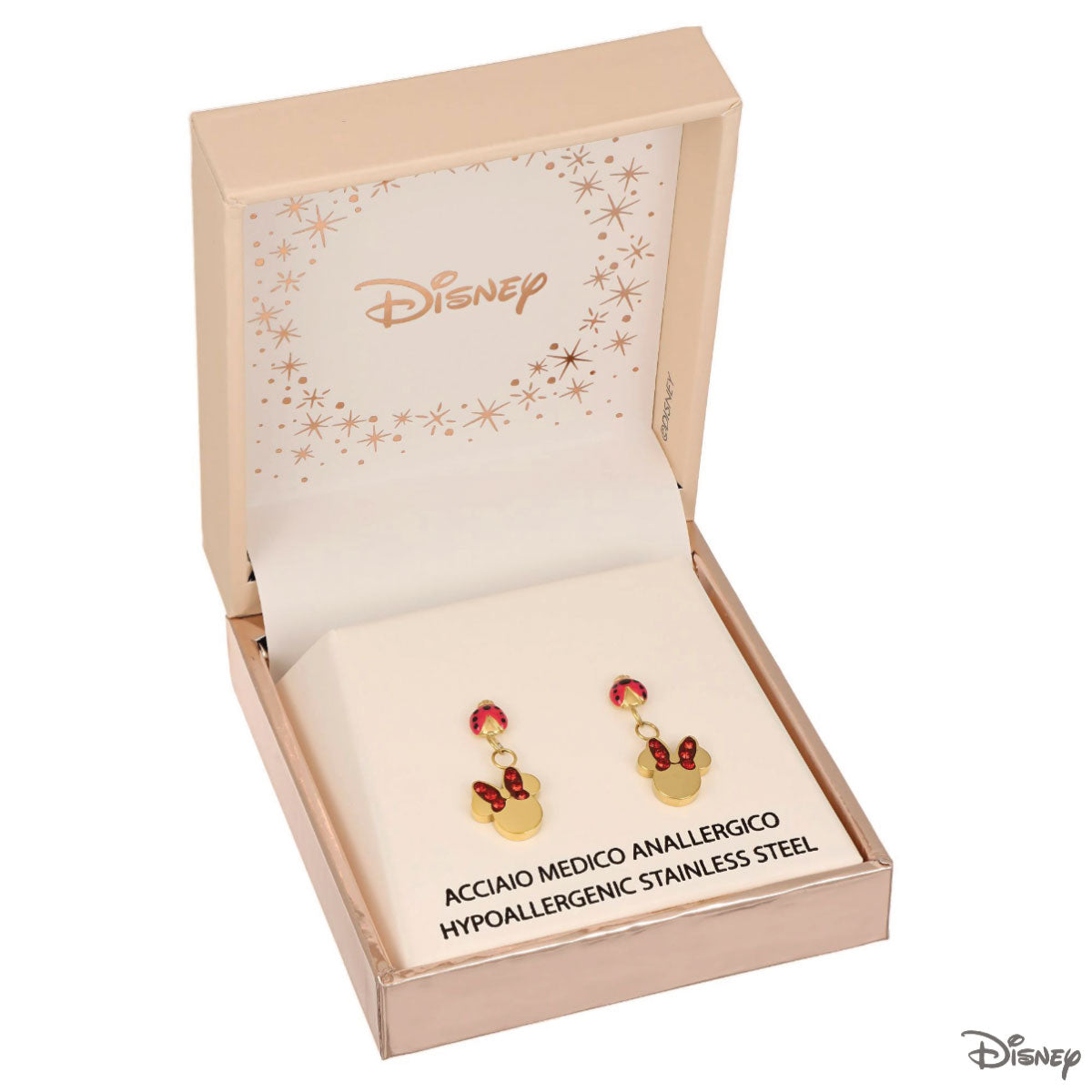 Kolczyki stalowe wiszące z czerwonymi cyrkoniami - Myszka Minnie - Disney