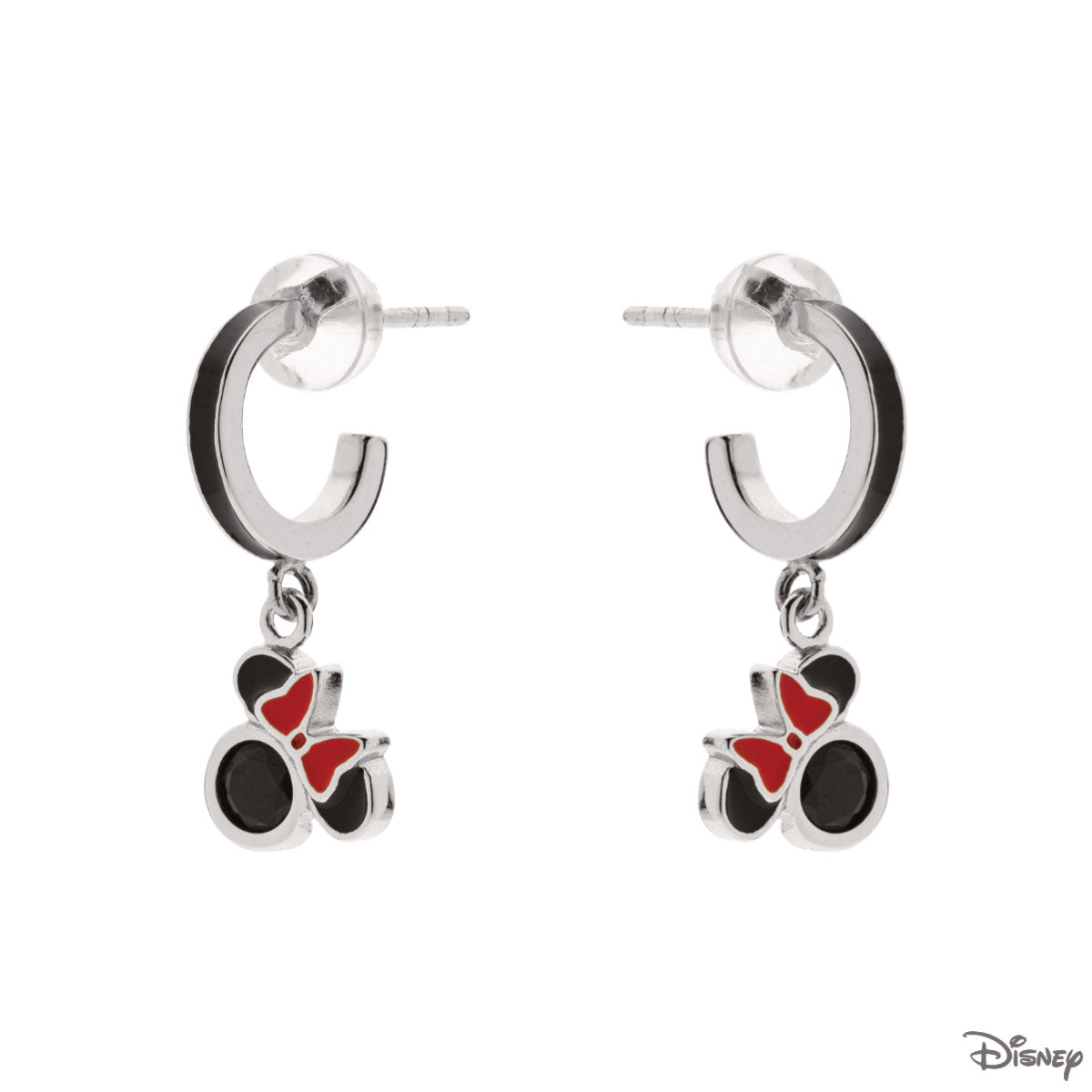 Kolczyki srebrne wiszące z czarną emalią - Myszka Minnie - Disney