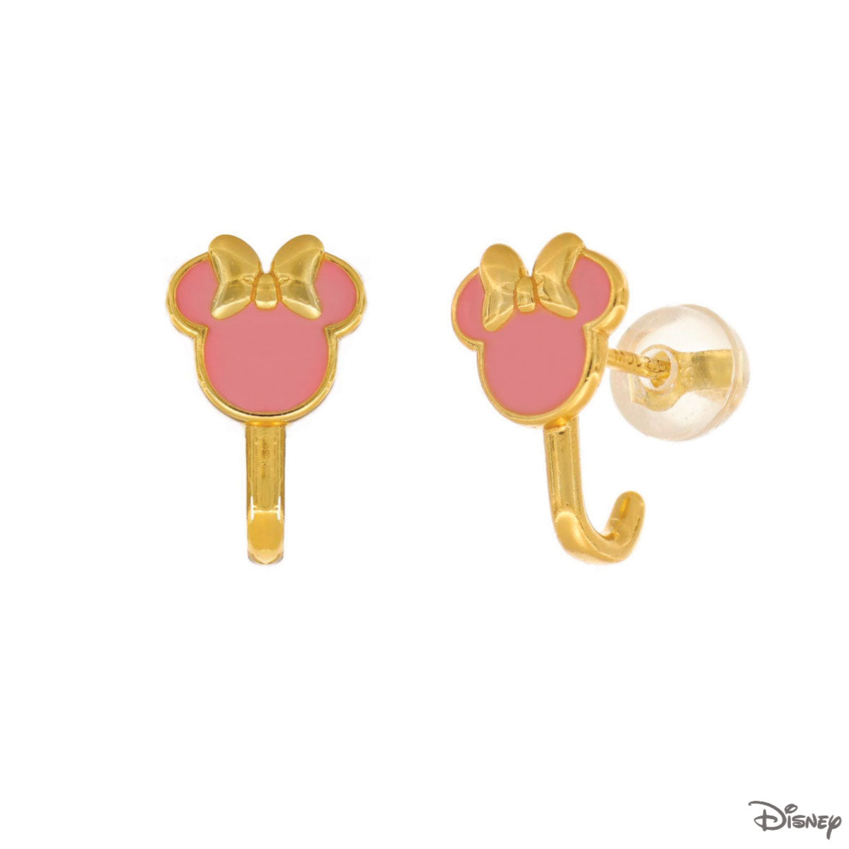 Kolczyki srebrne pozłacane z różową emalią - Myszka Minnie - Disney