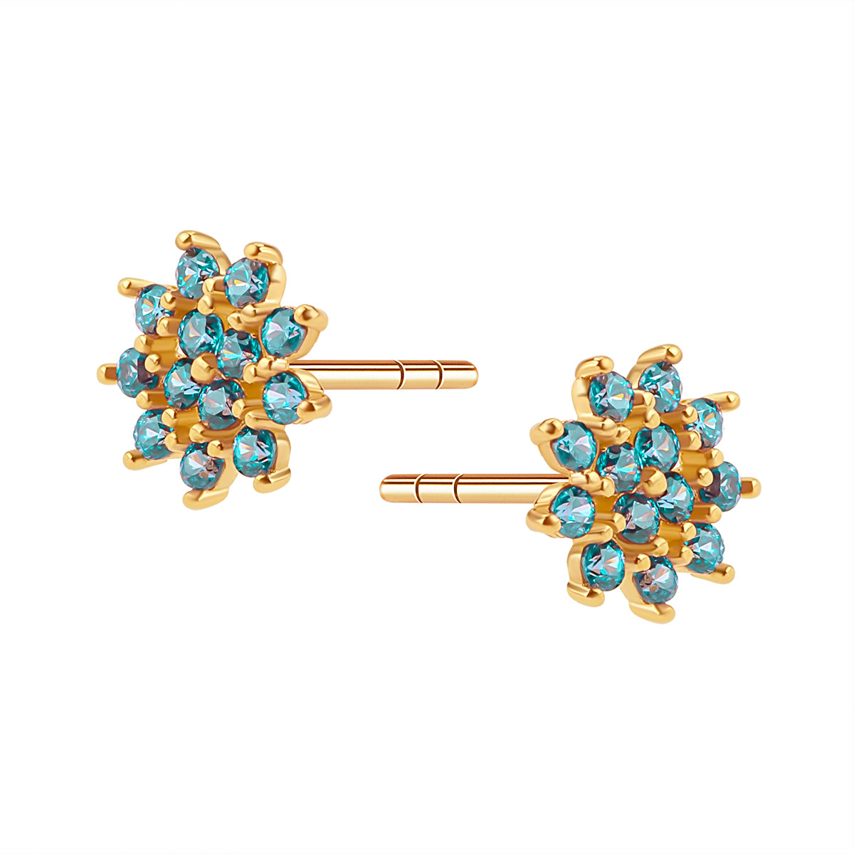 Kolczyki złote z błękitnymi cyrkoniami - kwiaty
