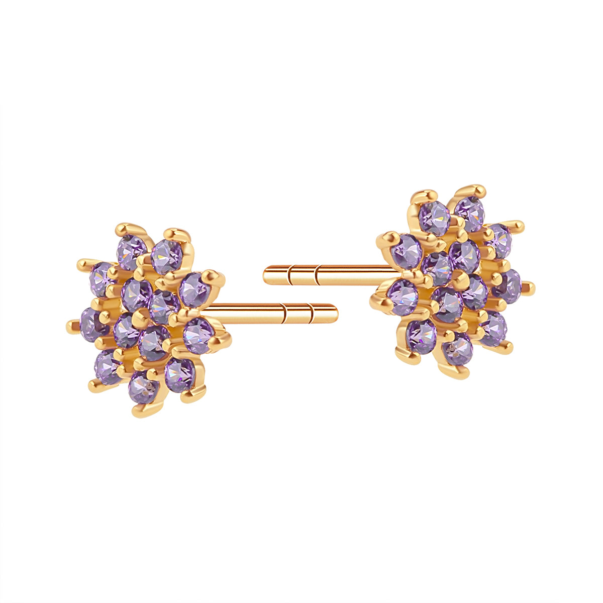 Kolczyki złote z fioletowymi cyrkoniami - kwiaty