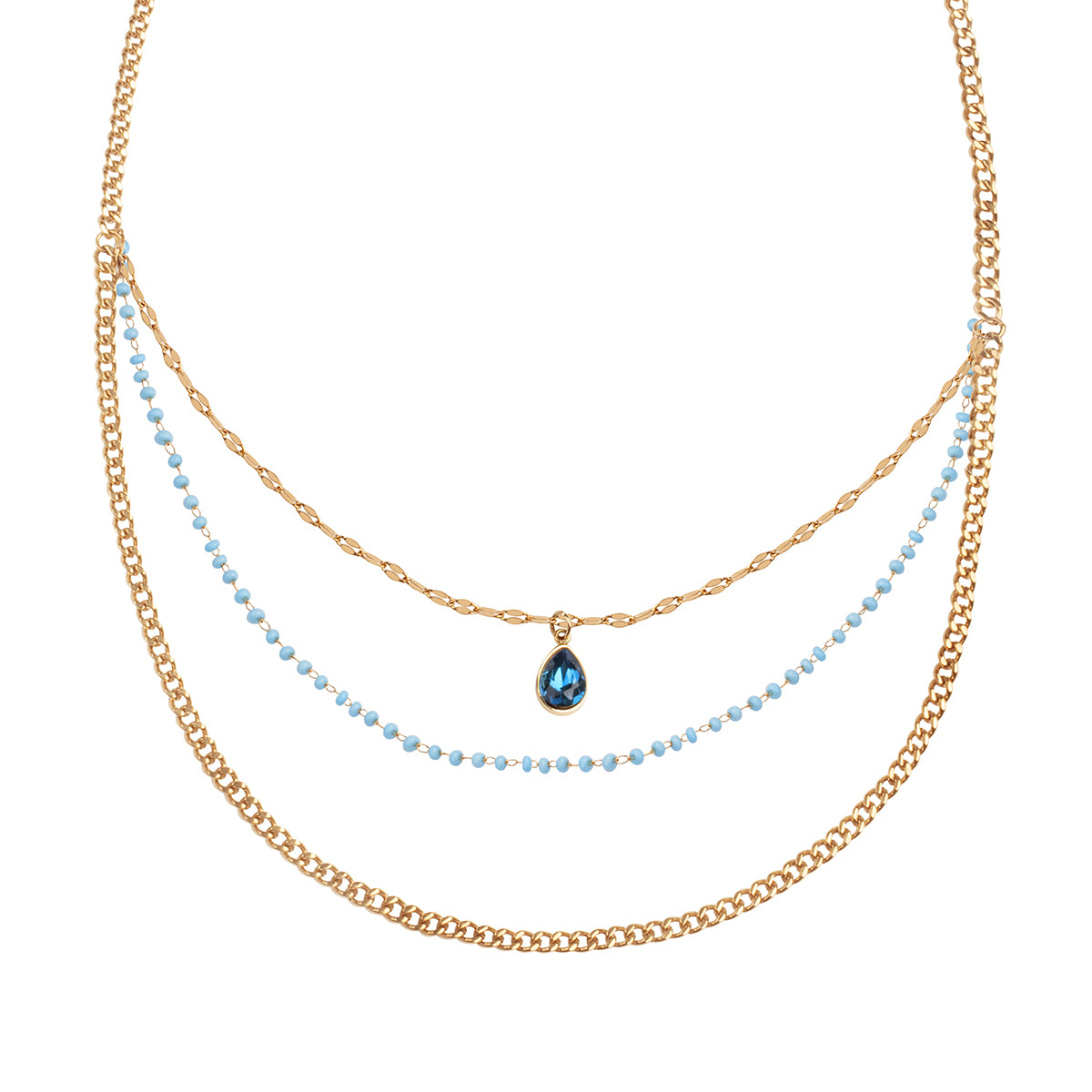 Naszyjnik stalowy kaskadowy z niebieskim szkłem - Moderno