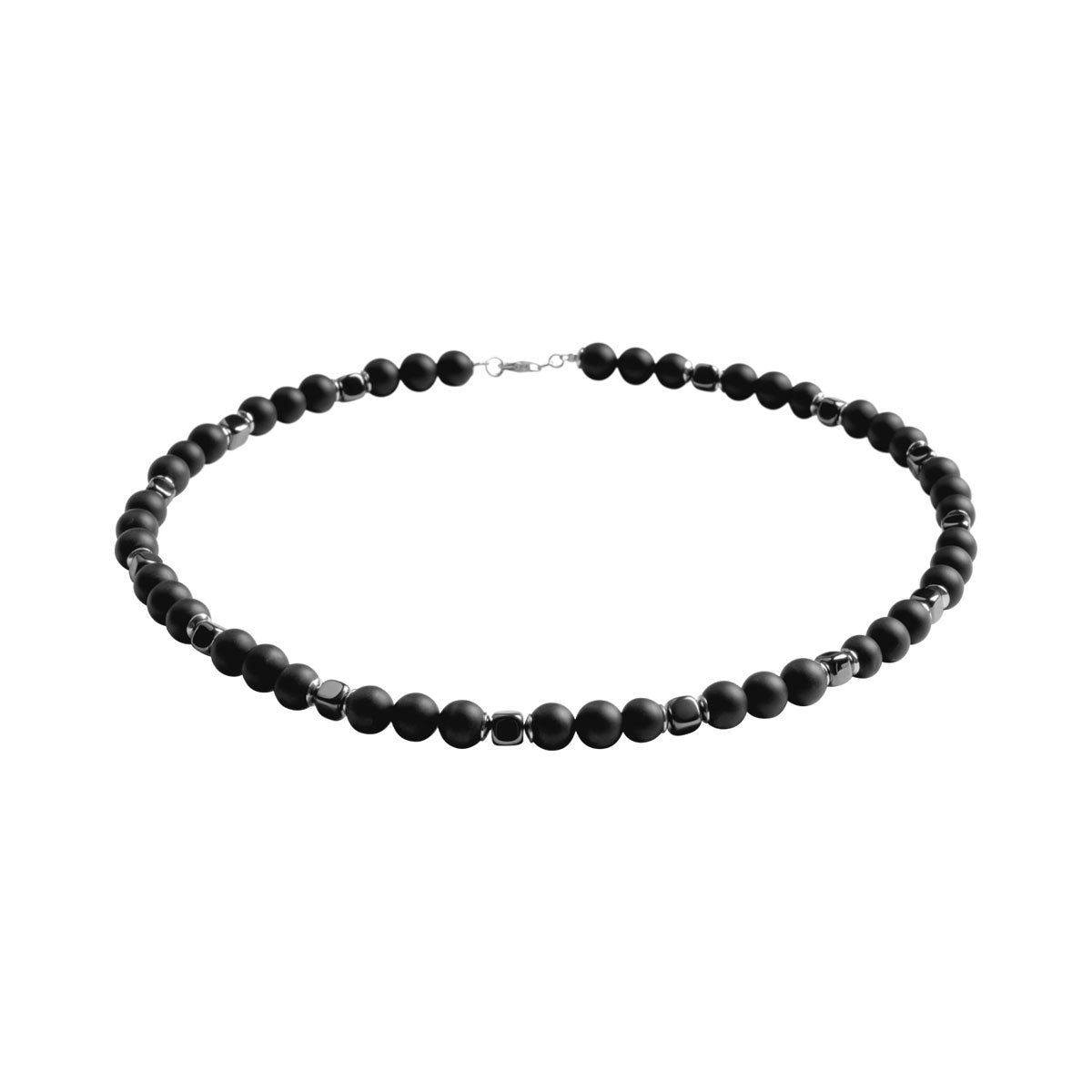 Naszyjnik srebrny z onyksem i hematytem - kulki - Grafito
