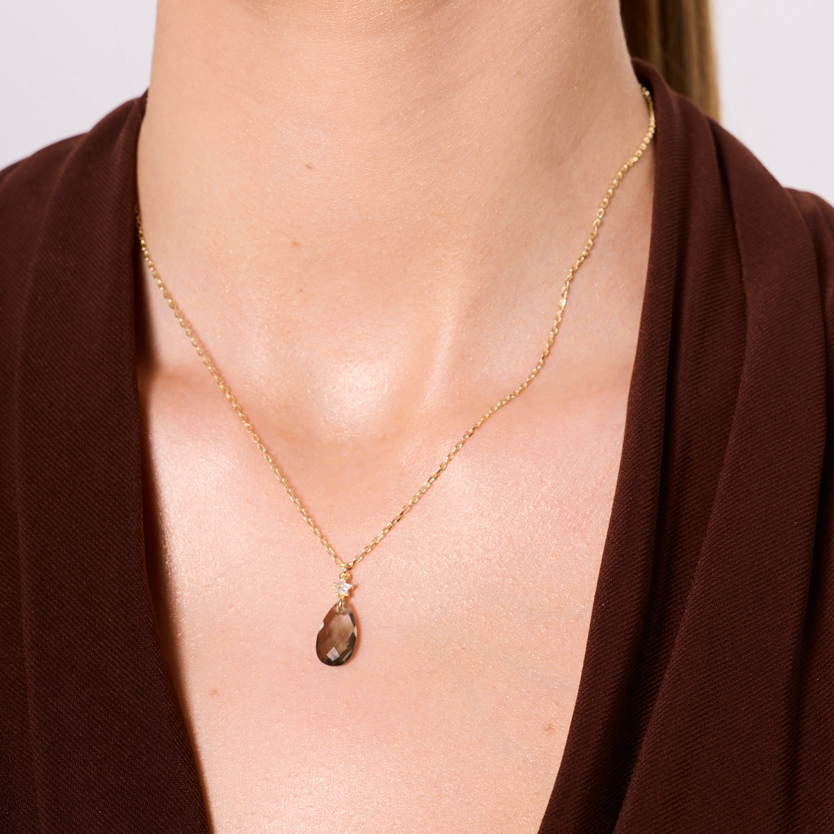 Naszyjnik srebrny pozłacany z brązowym szkłem - łezka