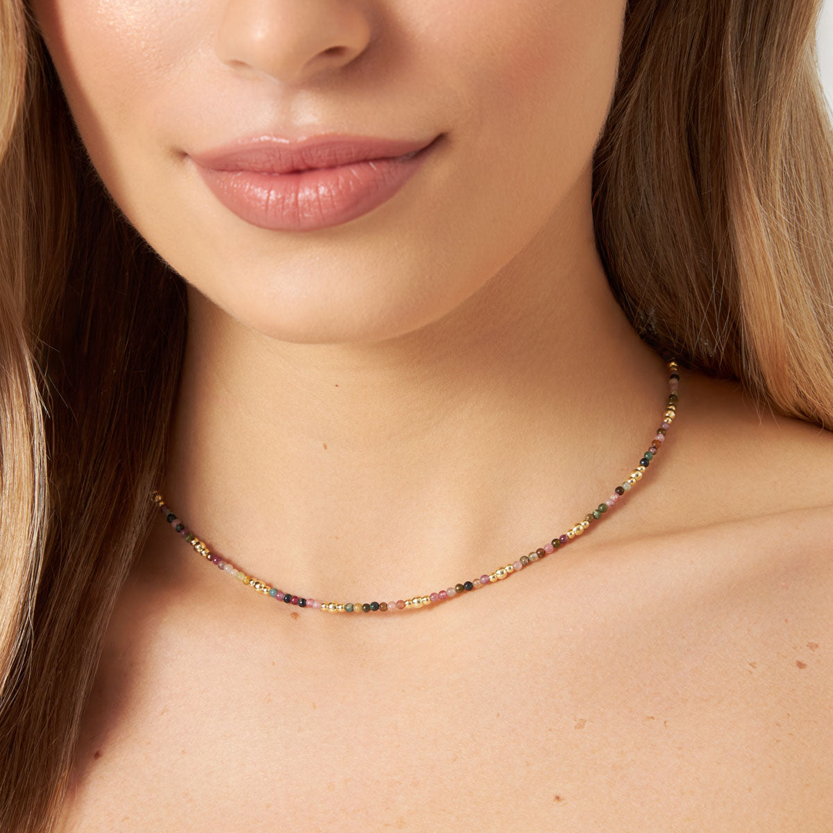 Naszyjnik srebrny pozłacany z kolorowymi turmalinami - kulki