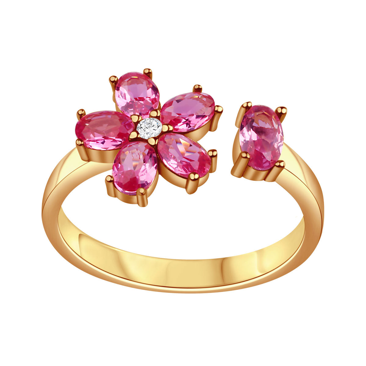 Pierścionek srebrny pozłacany z różowymi cyrkoniami - kwiat - Tajemniczy Ogród