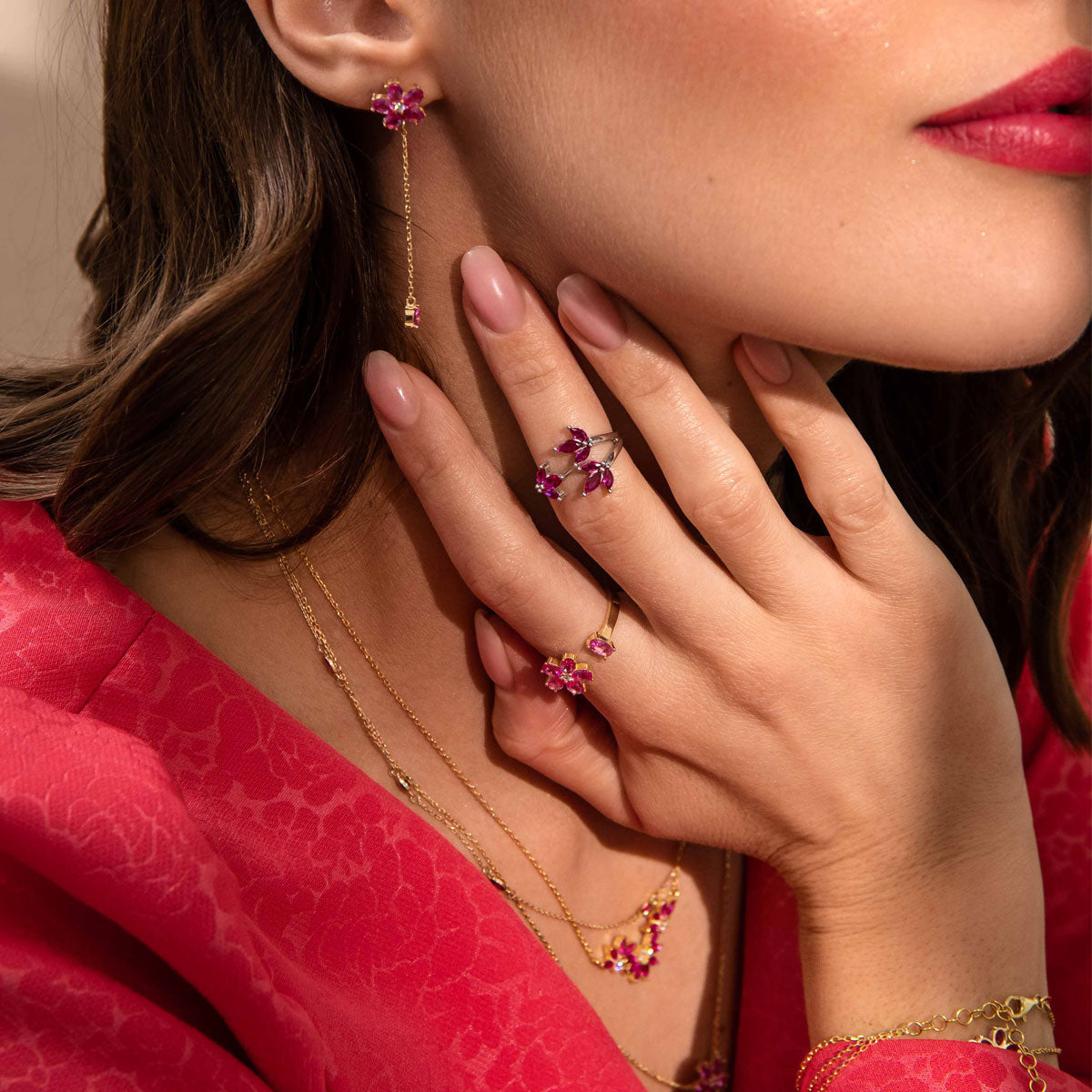 Pierścionek srebrny pozłacany z różowymi cyrkoniami - kwiat - Tajemniczy Ogród