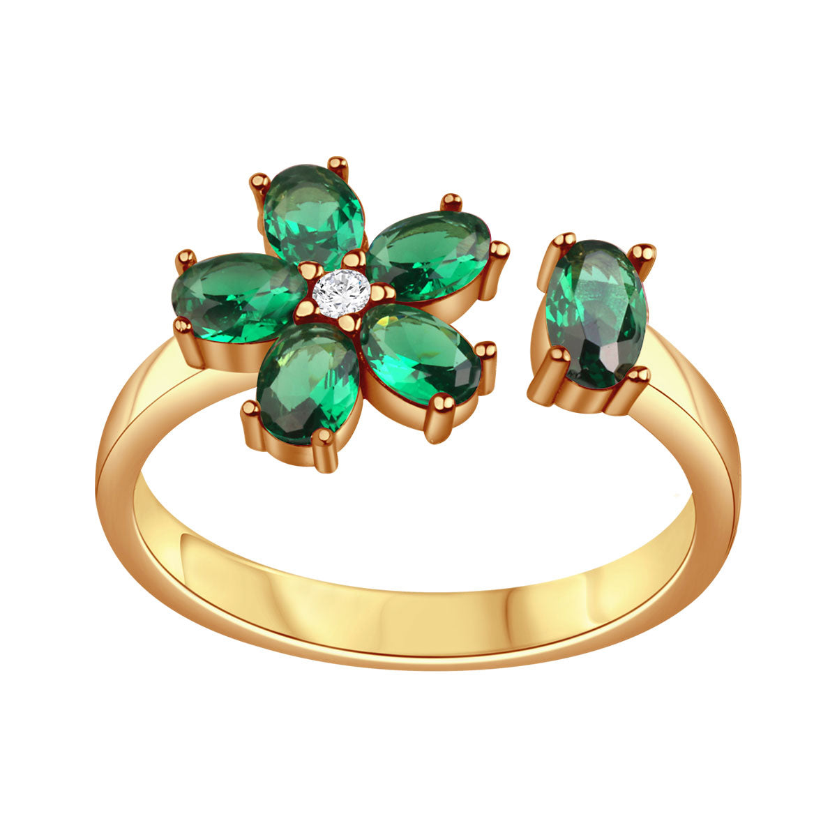 Pierścionek srebrny pozłacany z zielonymi cyrkoniami - kwiat - Tajemniczy Ogród