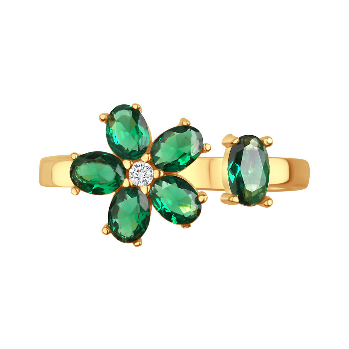 Pierścionek srebrny pozłacany z zielonymi cyrkoniami - kwiat - Tajemniczy Ogród