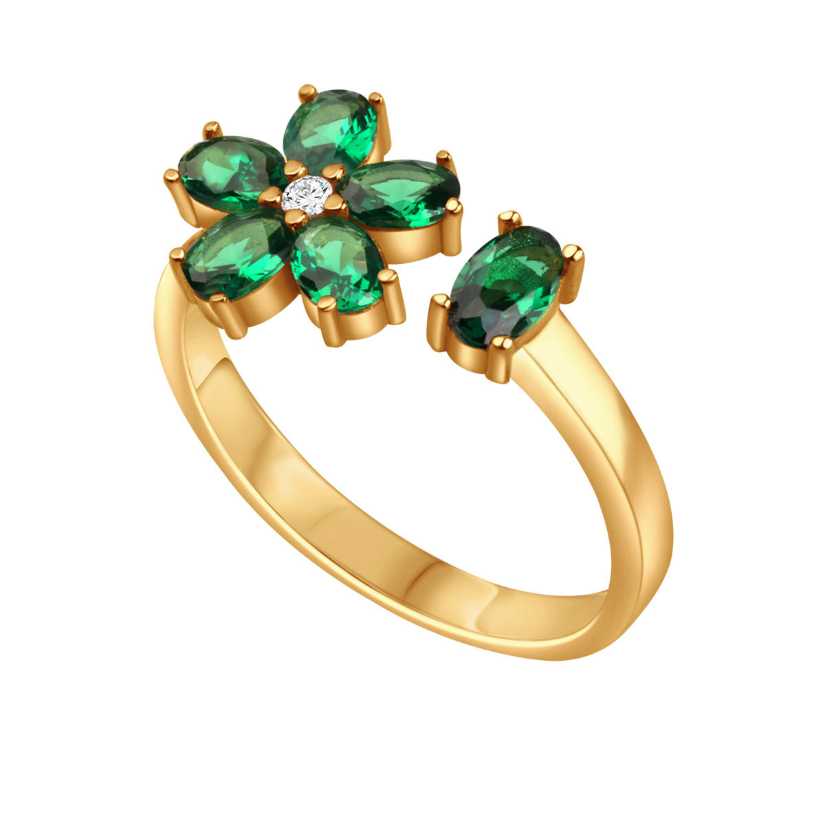 Pierścionek srebrny pozłacany z zielonymi cyrkoniami - kwiat - Tajemniczy Ogród