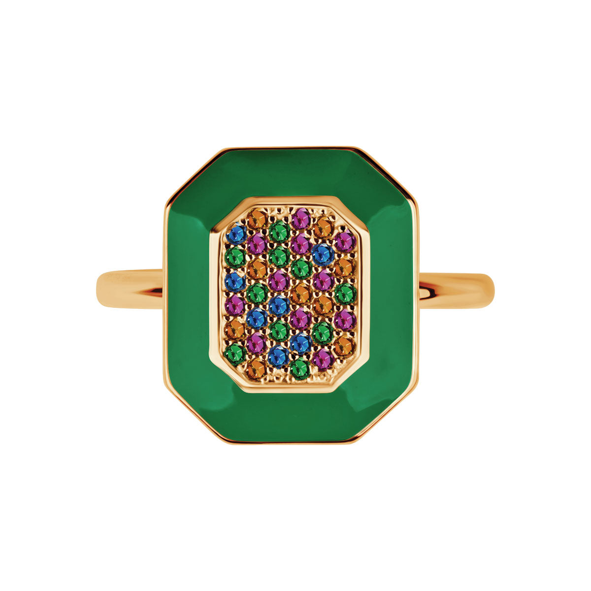 Pierścionek srebrny pozłacany z zieloną emalią i kolorowymi cyrkoniami