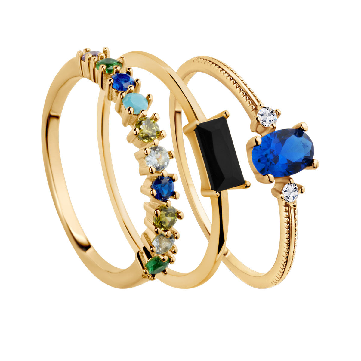 Zestaw srebrnych pozłacanych pierścionków z kolorowymi cyrkoniami