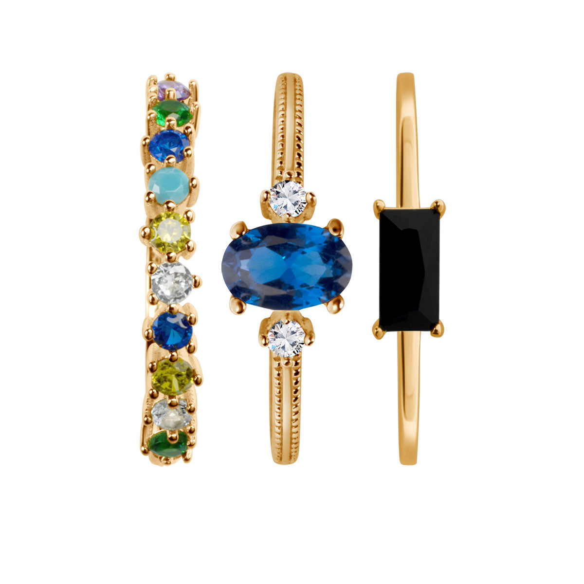 Zestaw srebrnych pozłacanych pierścionków z kolorowymi cyrkoniami