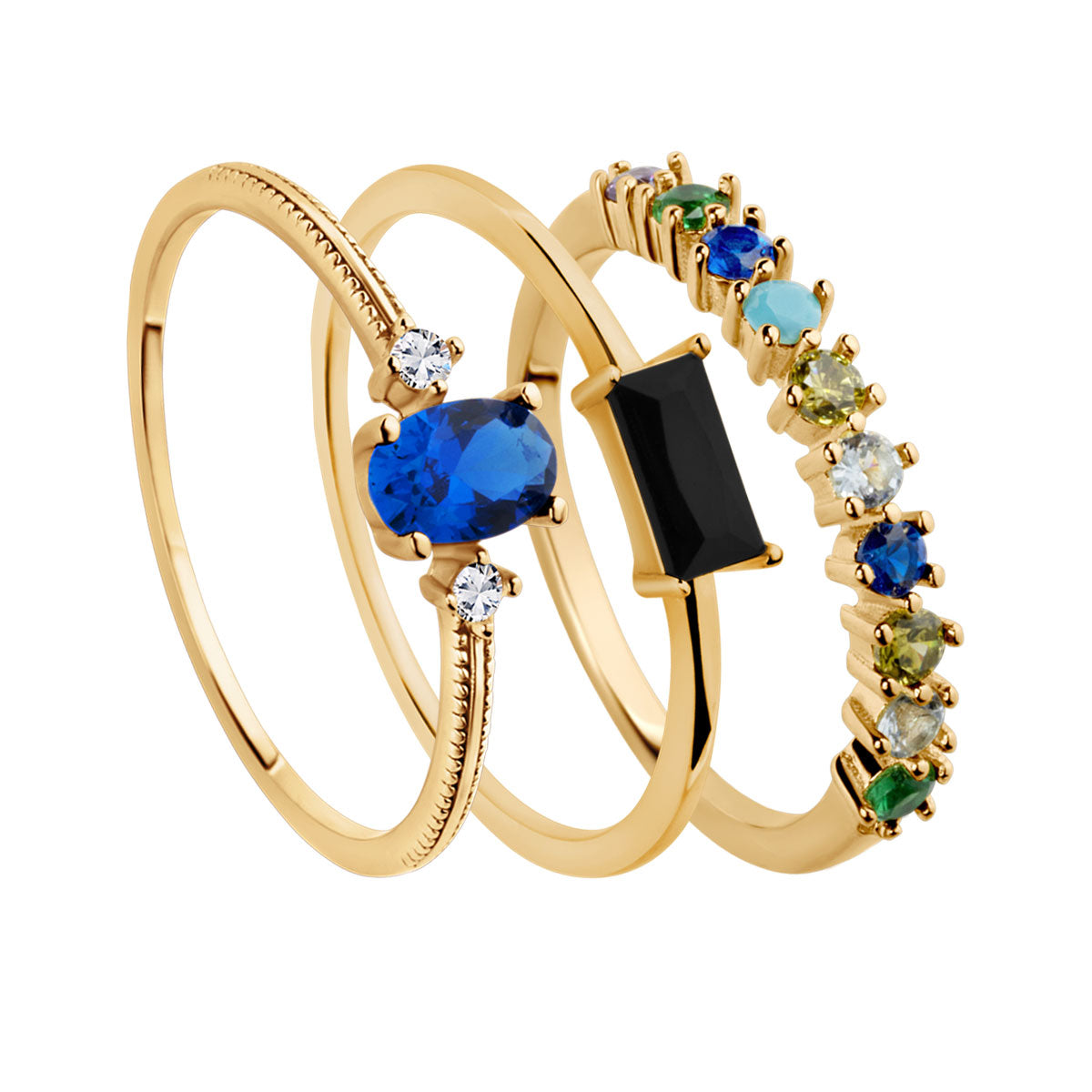 Zestaw srebrnych pozłacanych pierścionków z kolorowymi cyrkoniami