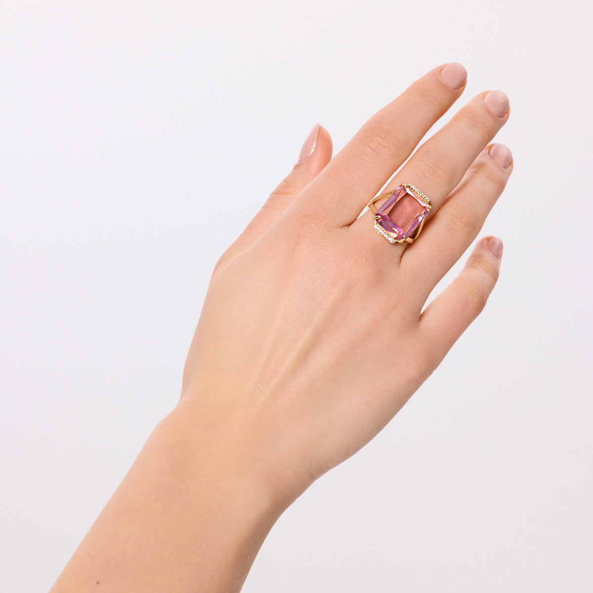 Pierścionek srebrny pozłacany z różową cyrkonią