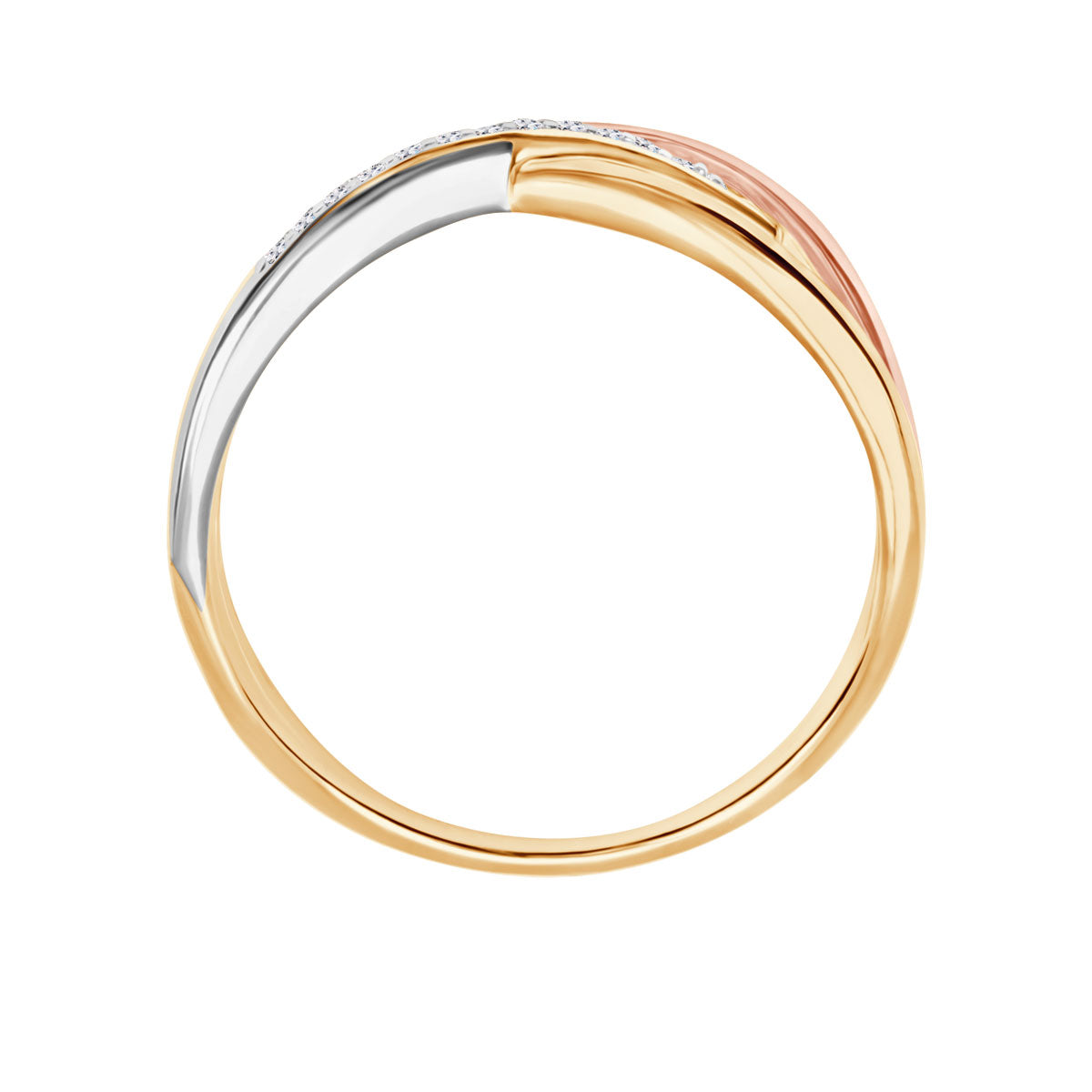 Pierścionek z trzykolorowego złota z diamentami - przeplatany