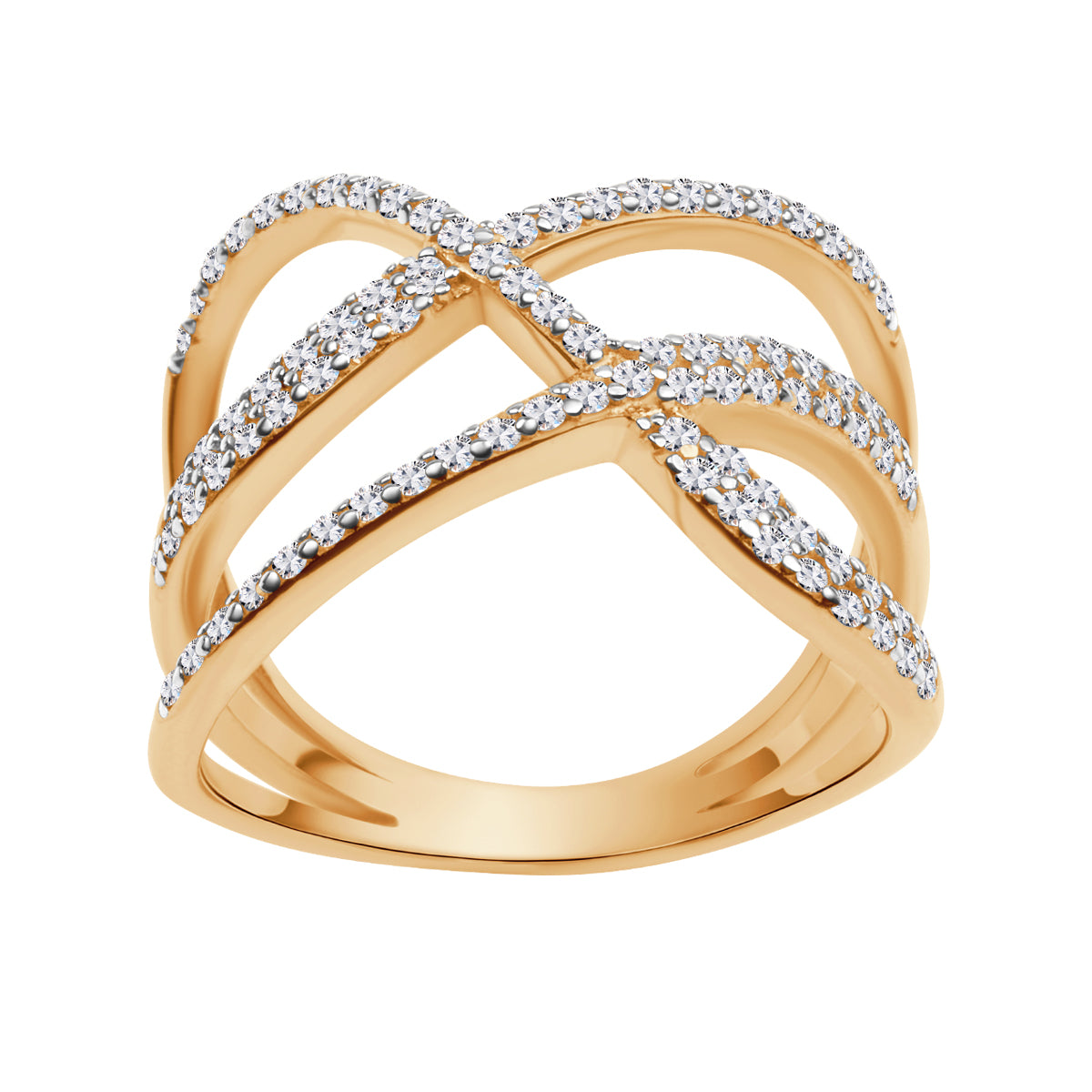 Pierścionek złoty z cyrkoniami - przeplatany