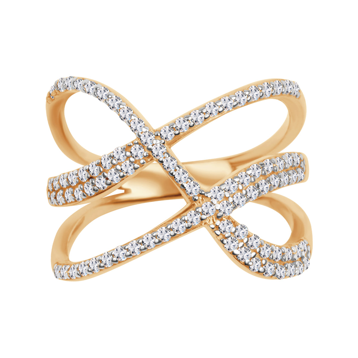 Pierścionek złoty z cyrkoniami - przeplatany