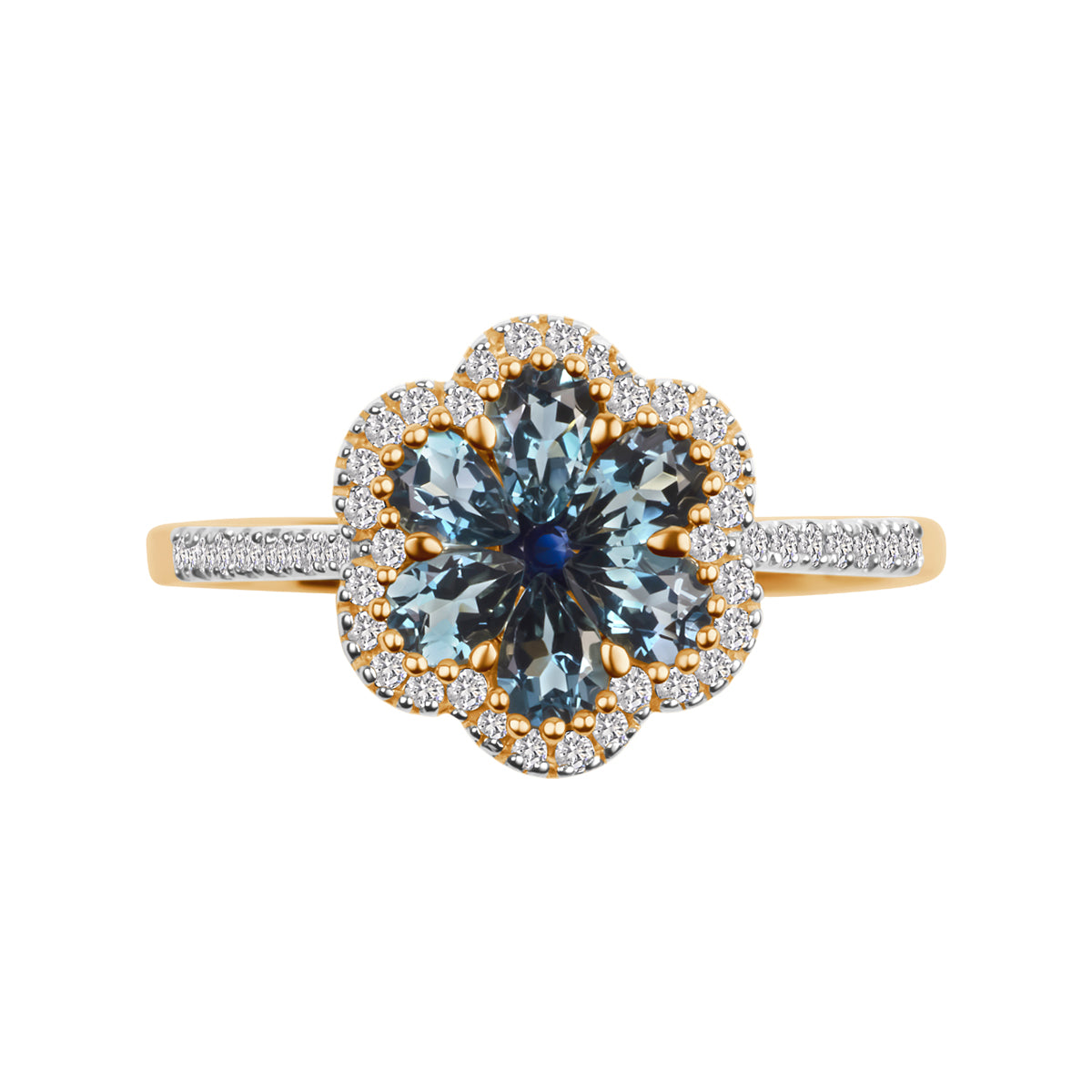 Pierścionek złoty z topazami, szafirami i diamentami - kwiat