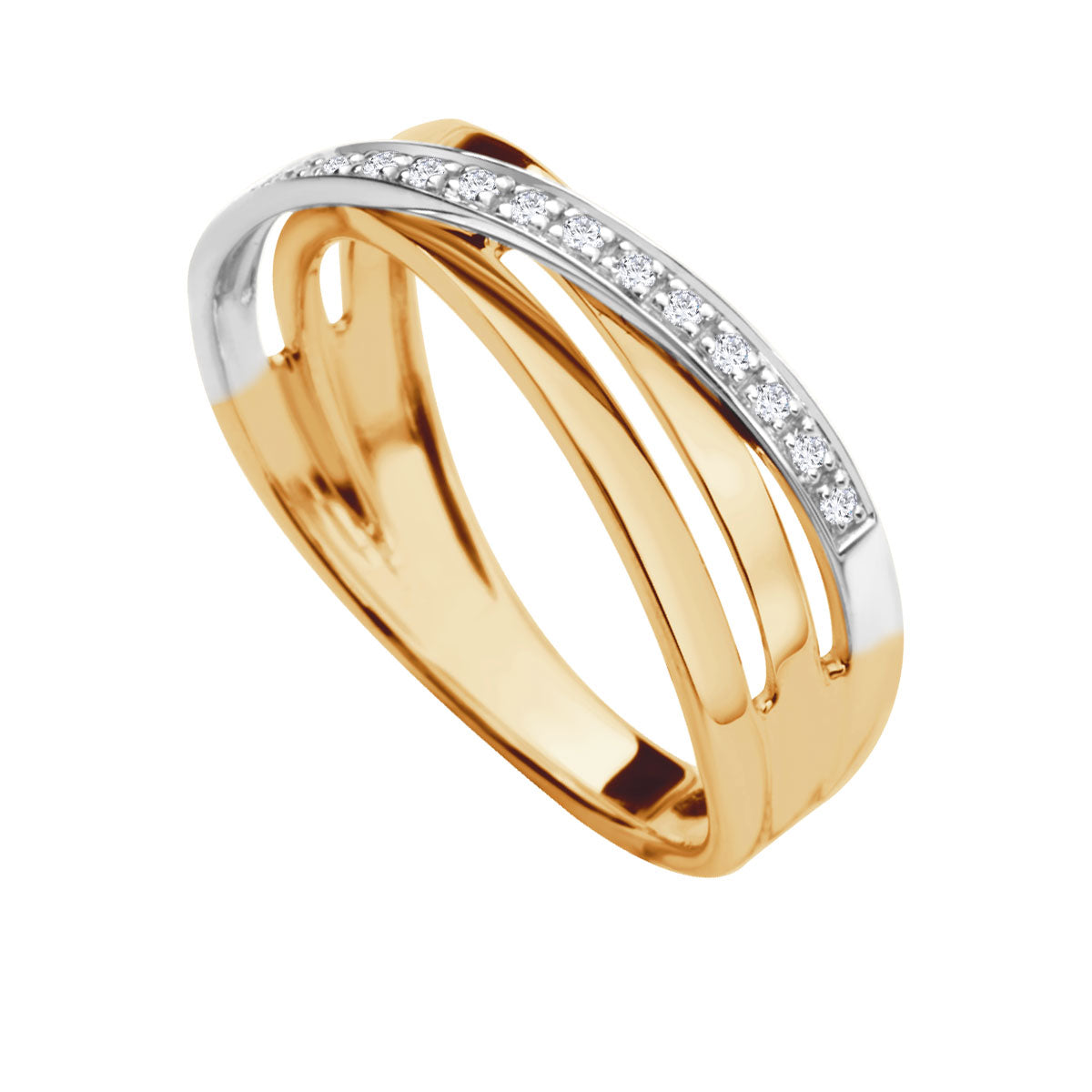 Pierścionek złoty z diamentami - przeplatany