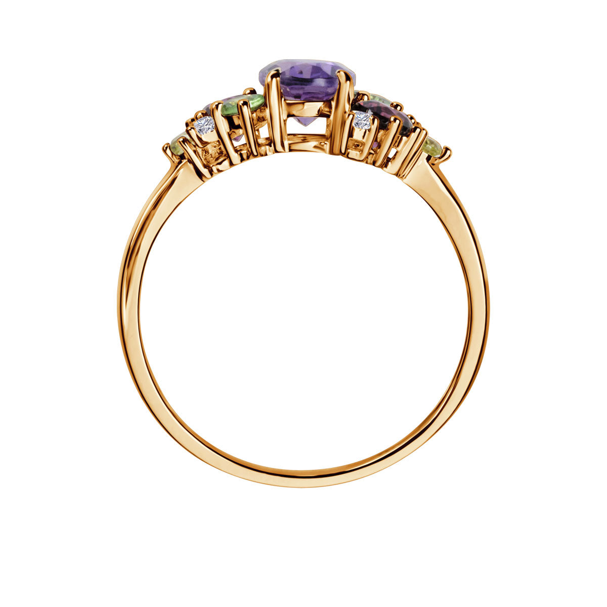Pierścionek złoty z ametystem, granatami, peridotami, topazami